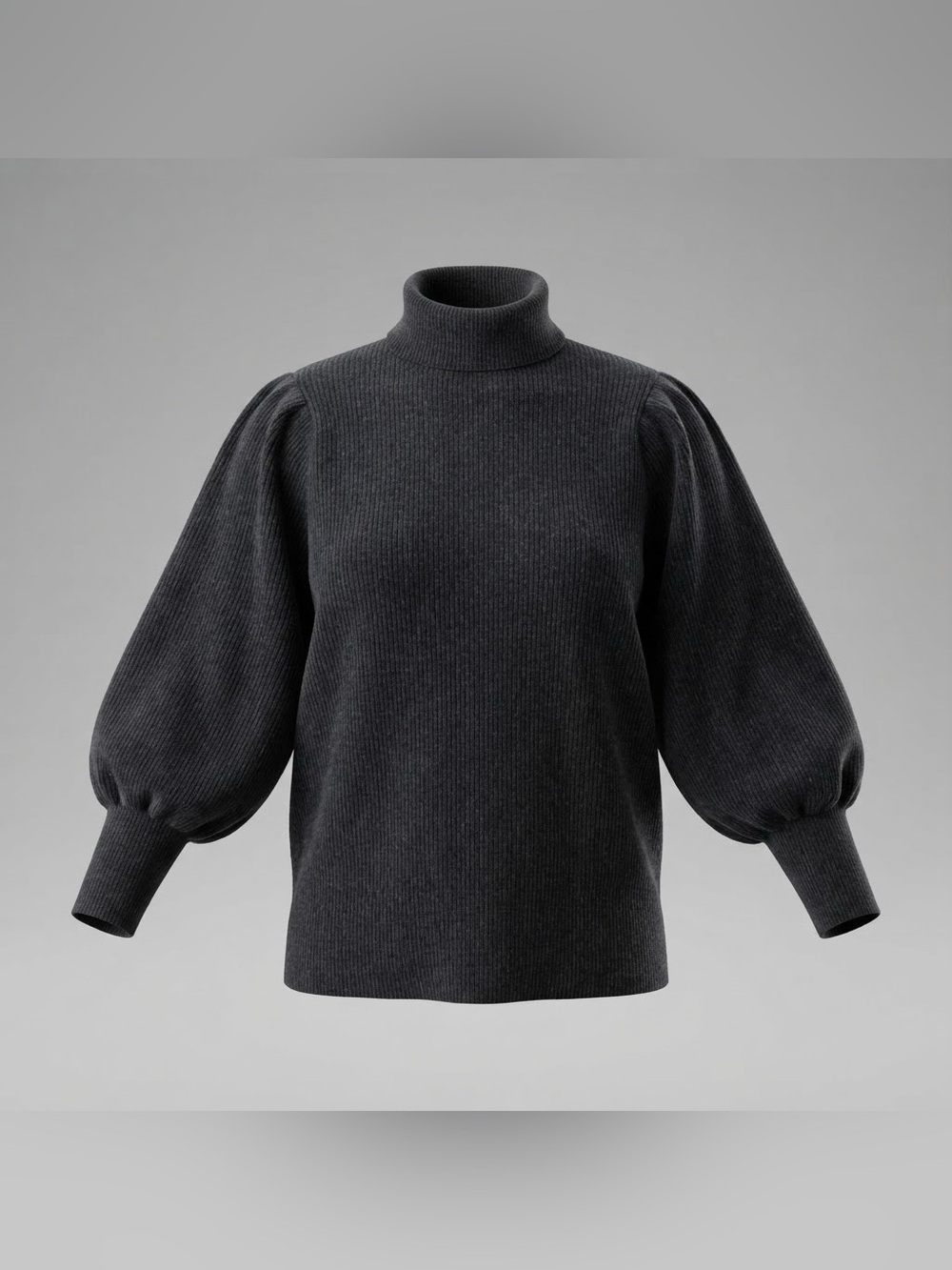 DKNY Women Gray Ribbed Turtleneck Sweater Puff Sleeve XL